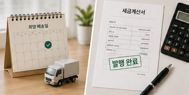 희망 배송일 캘린더와 발행 완료된 세금계산서